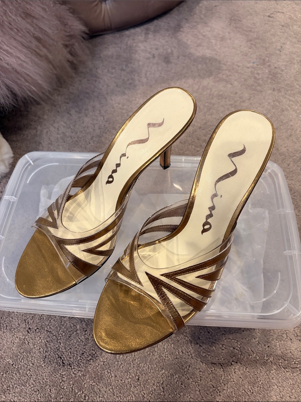 Nina Metallic and clear Gold Strappy Mules size 8.5